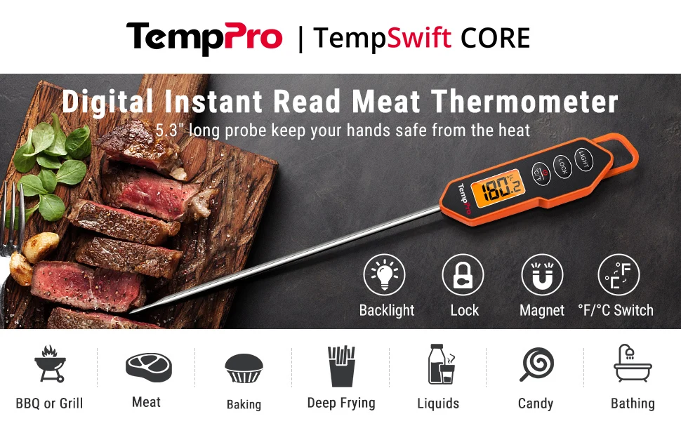 TempPro TP-01H Schnell ablesbares, hintergrundbeleuchtetes digitales Küchen-Fleisch-Grill-Thermometer für Süßigkeiten, Frittiertes, Grillen und Kochen – Detail 1