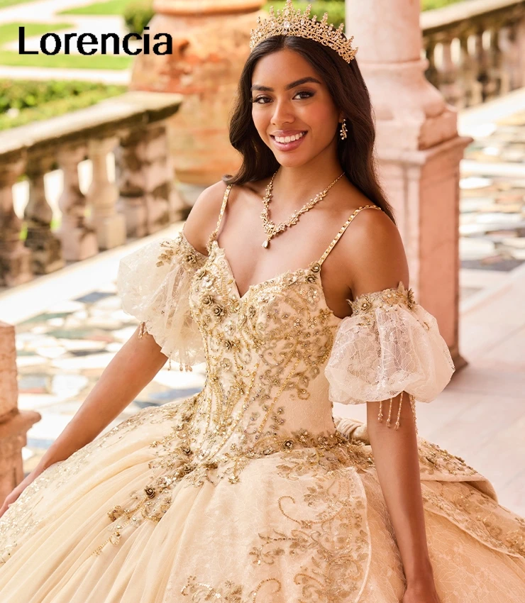 Lorencia Lavender Lialc Quinceanera 원피스 볼 가운, 스파게티 레이스 아플리케 크리스털 구슬 장식, 달콤한 16 베스티도 드 15 Aenos YQD686