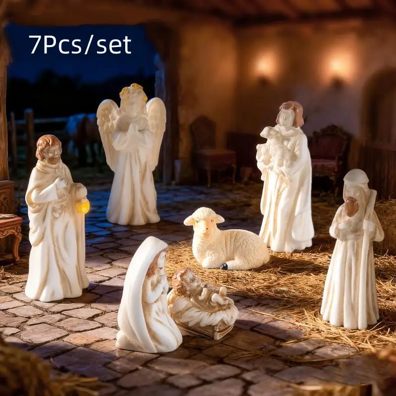 7Pcs/Set Nativity Scene Lamb Resin Figurine Tabletop Religious Decor For Home Holiday Ornament Supply For Home And Office