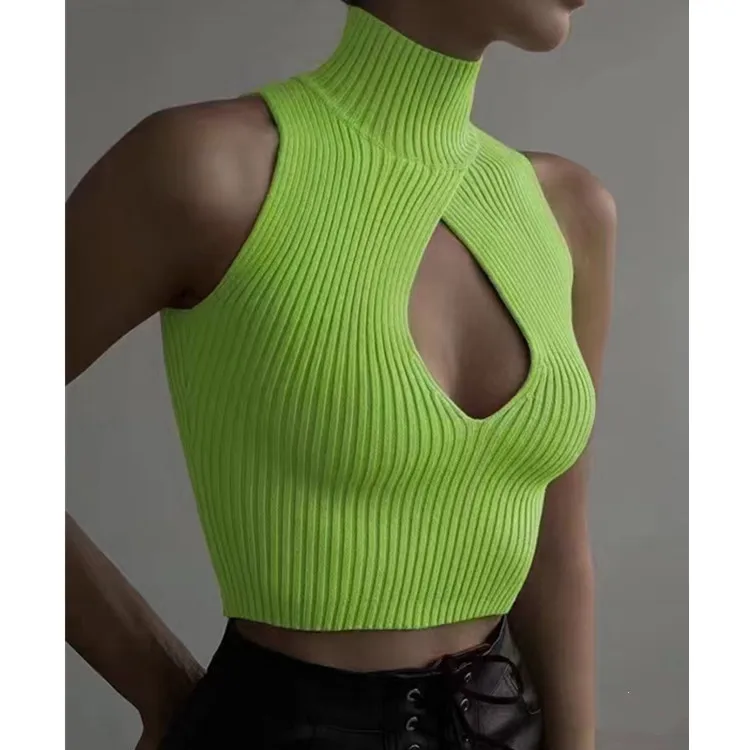 Y2K Cut Out Crop Vest Mock Neck Rib Knit Sleeveless High-Neck Ribbed Tops Tanks and Camis for Women Teengirl Summer Outfit