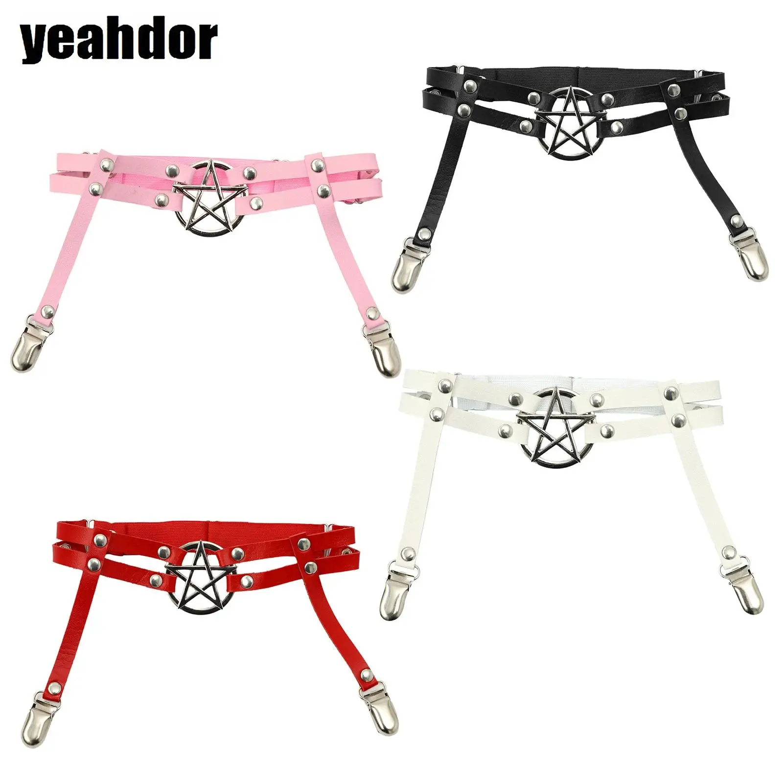 Women Pentacle Garter Belt Solid Color Adjustable Metal Buckle Non-slip Thigh Garter Belt for Cosplay Party Special Occasions