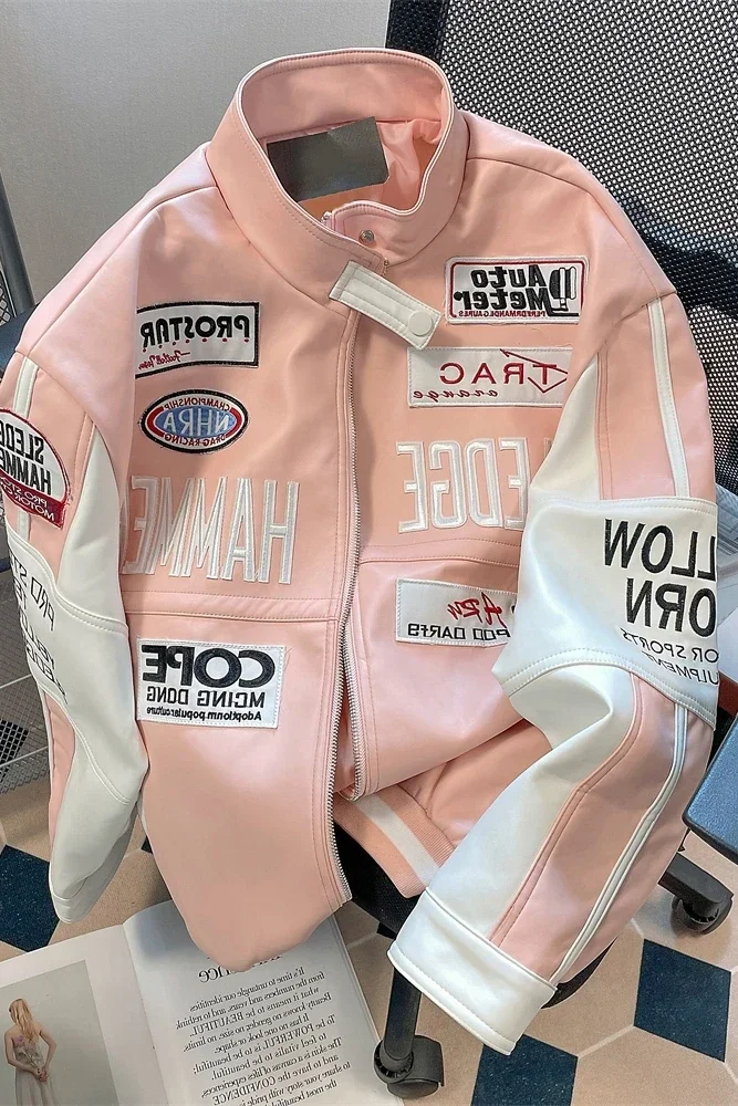 Chaqueta de motocicleta de cuero para mujer, chaqueta Rosa americana, costura Y2K, chaquetas bordadas a prueba de viento, alta calidad, Hip Hop,