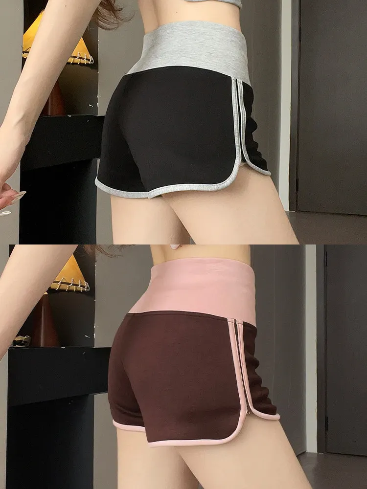 Pink High Waist Sporty Shorts Women's Summer Thin Yoga Fitness Pants American Style Anti-Light A-Line Three-quarter Length