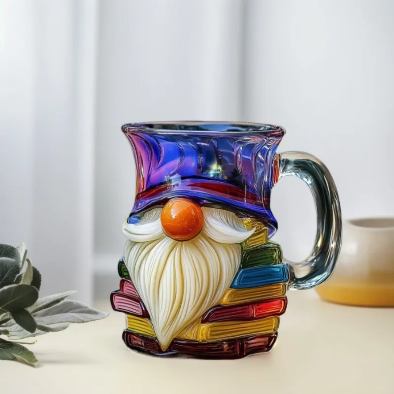 

Painted Gnome Book Mug, Novelty 3D Painted Unique Books Stack Coffee Cup, Colored Glass Mug Gifts for Book Lovers