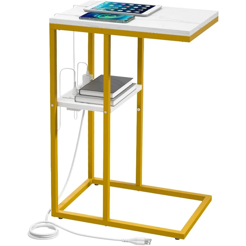 C Shaped End Table with Charging Station for Living Room, Bedroom, Sofa Table with USB Ports and Outlets for Small Spaces