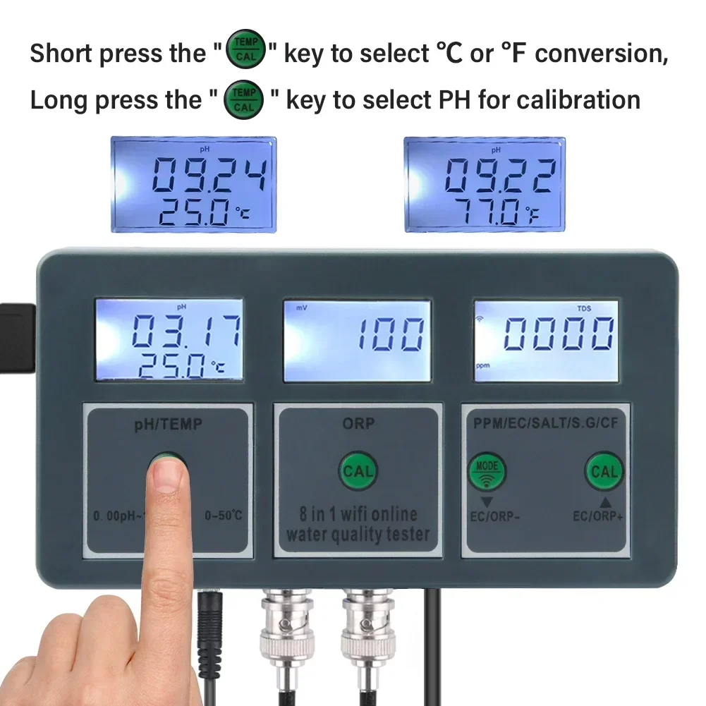 WiFi Tuya Smart PH Meter Data Logger Temp TDS Salinity S.G. EC ORP Water Tester Monitor Analyzer for Aquariums Pool Hydroponics