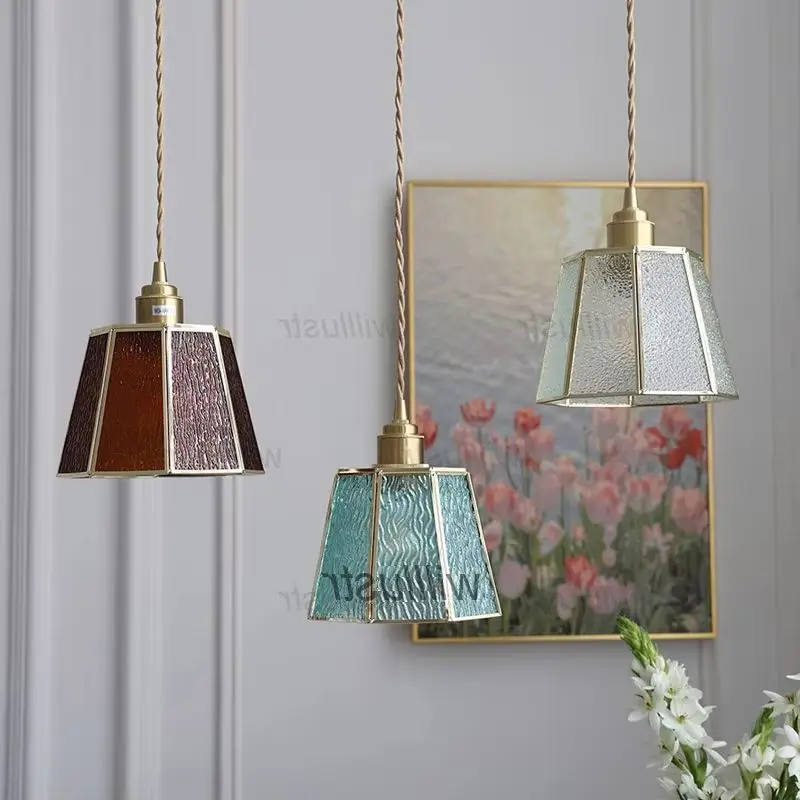 

Glass Pendant Lamp Water Ripple Bubble Vintage Brass Suspension Light Hotel Cafe Bar Handmade Polygon Hanging Ceiling Chandelier