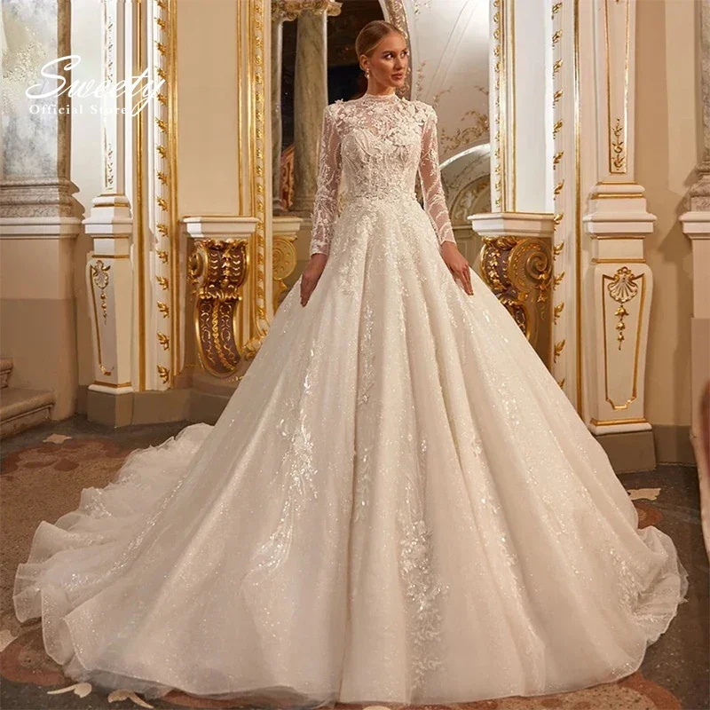 

High-Neck Wedding Dress Organza With Embroidery Bead Ball Gown Full Sleeve Church Wedding Button Vestido De Novia Customized