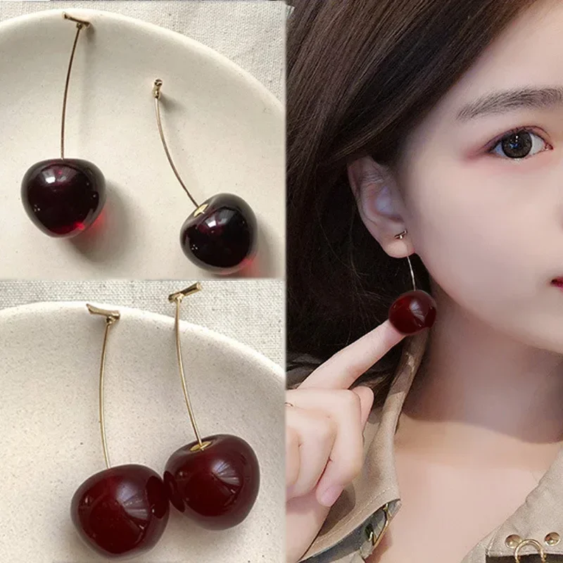 LATS New Cute Simulation Red Cherry Earrings for Women Girl Sweet Resin Hot Sale Earring Student Fruit Fashion Jewelry Gift