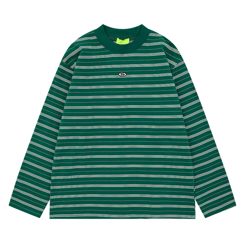 Simple and casual wear green contrasting stripes casual retro loose long-sleeved T-shirt men's and women's autumn tops
