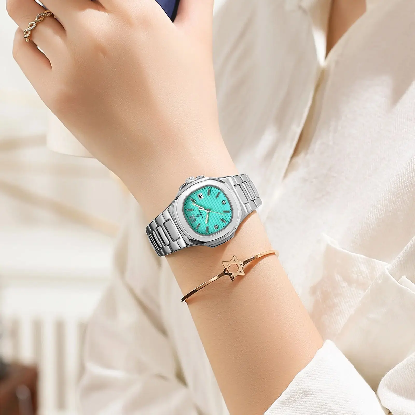 ساعة يد نسائية فاخرة مربعة الشكل من POEDAGAR مضيئة مقاومة للماء من الفولاذ المقاوم للصدأ للتاريخ للنساء ساعات كوارتز عصرية للنساء