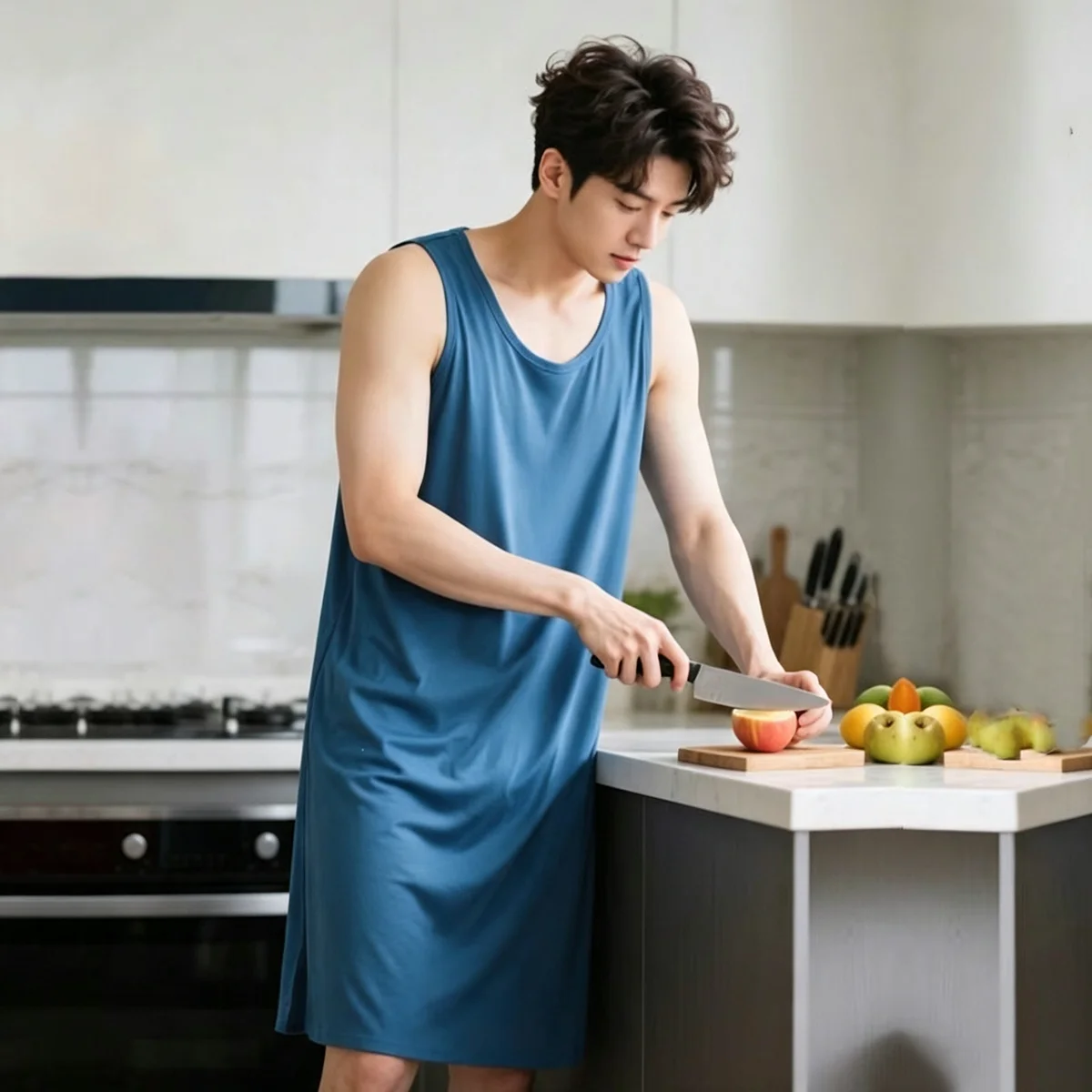 Multi-functional Knee-Length Men's Sleeping Dress Elastic Plus Size Night-robe Oversized Sleeveless Bathrobe Business Trip image 3