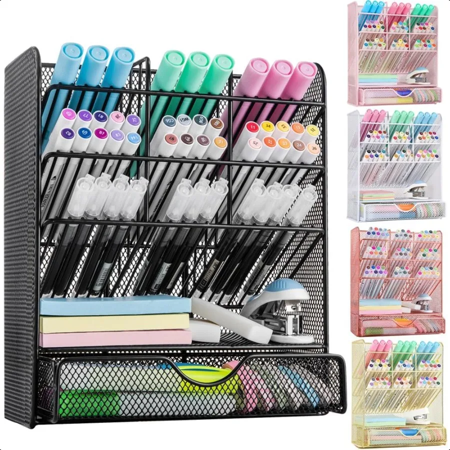 

Metal Pen Organizer Pencil Holder for Desk Desk Organizer with Drawer for School Home Art Supplies Black