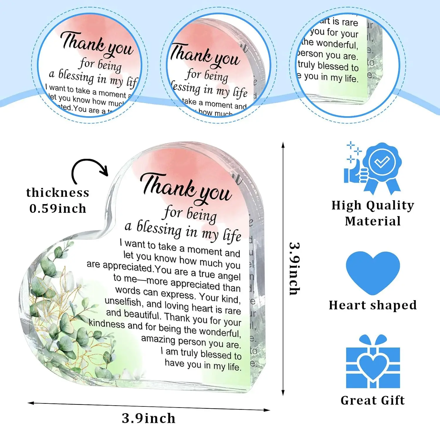 Gratitude Blessing Sentiment Acrylic Heart Table Decor, Pastel Watercolor Eucalyptus Greenery Family Friend Thank‑You Home Keepsake