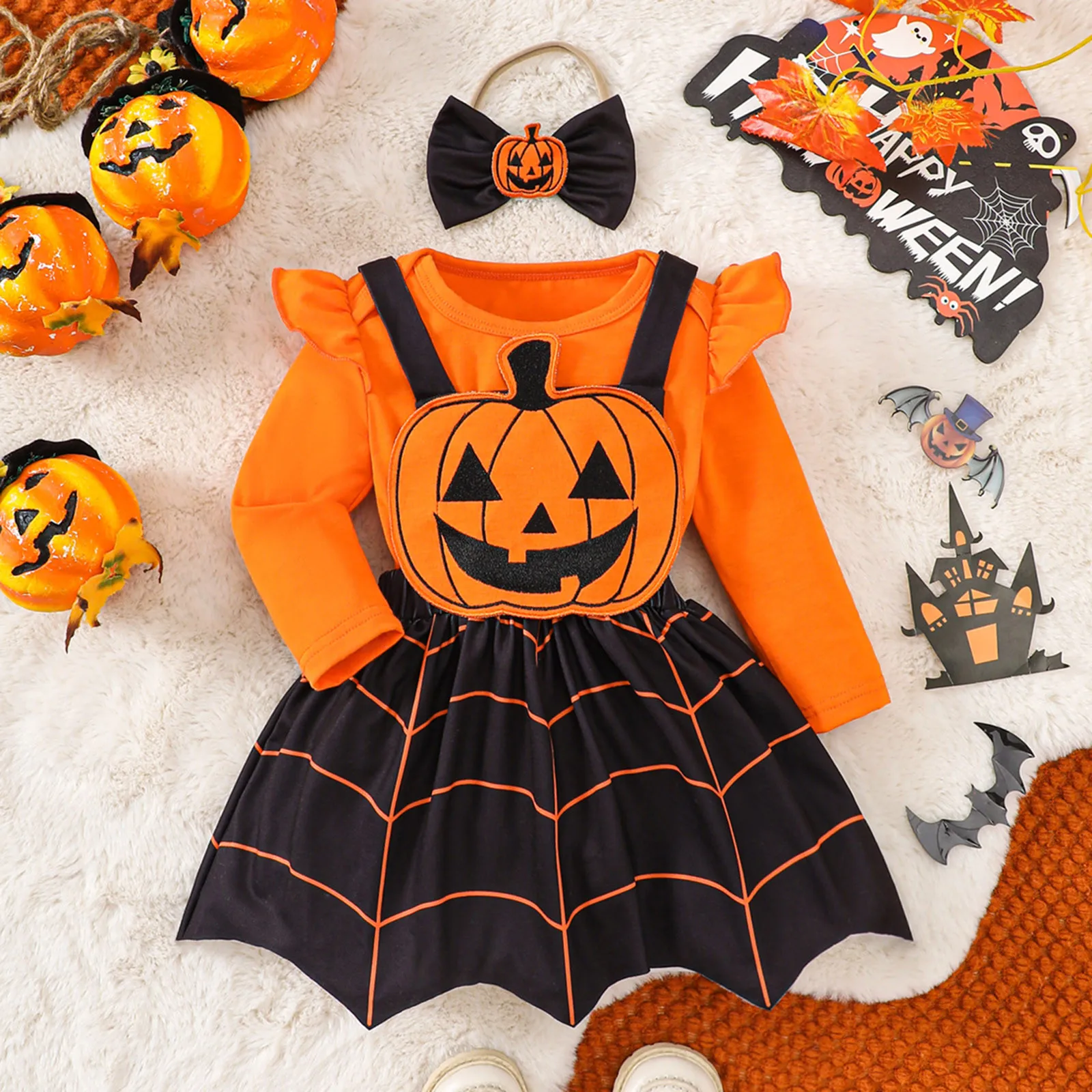 

Baby Halloween Costumes Sets Princess Fall Newborn Girls Skirt Outfits Flying Sleeve Romper Pumpkin Suspender Skirt Headband Set