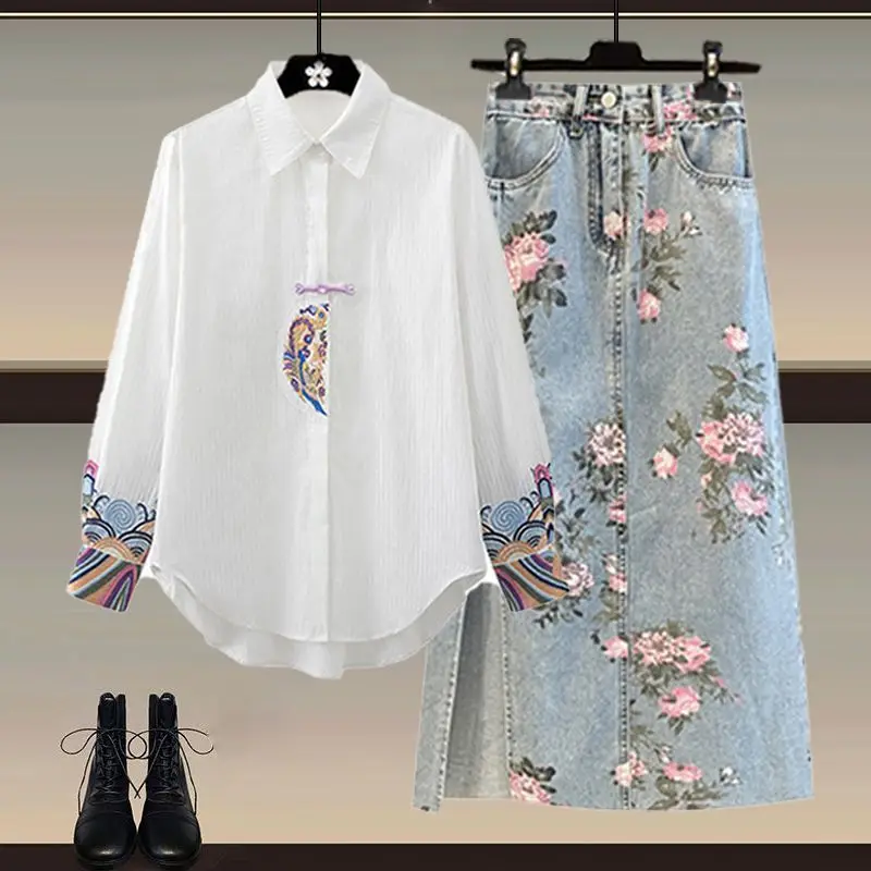 Spring 2025 Women's Faionable Chinese Sle Sun Protection irt And Slimming Denim  Skirt Two-Piece Set Early Spring O...