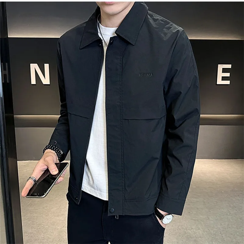 

Мужская новая осенне-зимняя модная однотонная свободная универсальная повседневная куртка с карманами на молнии с лацканами
