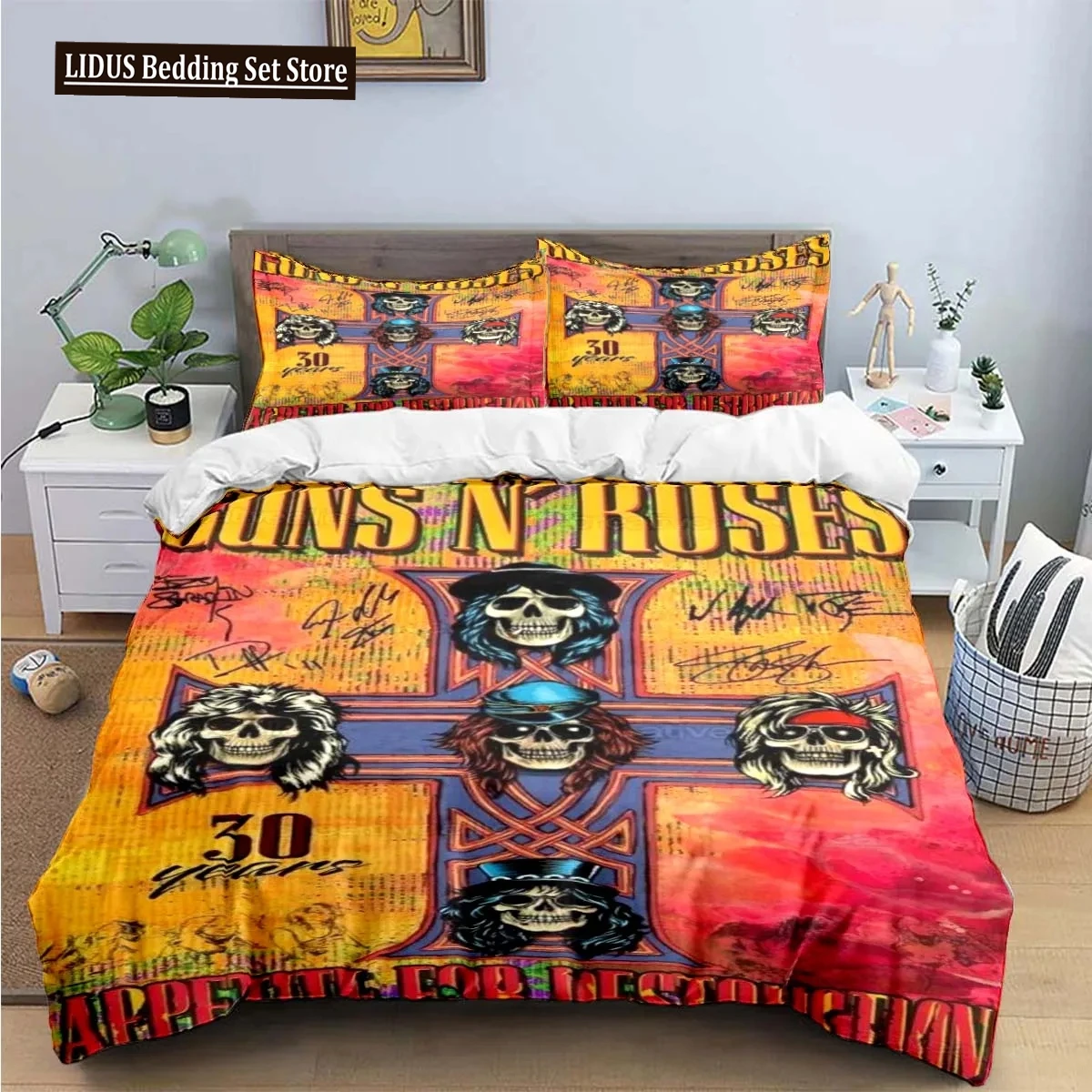 

3D Print Guns N Roses GNR Band Retro Bedding Set Boys Girls Twin Queen King Size Duvet Cover Pillowcase Bed Boys Adult