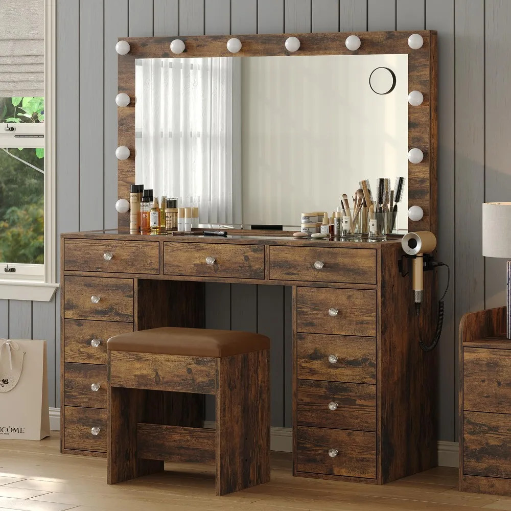 Vanity Desk & Power Outlet, Makeup Table with Mirror, 12 LED Lights & 3 Lighting Modes, 11 Drawers, Includes Chair