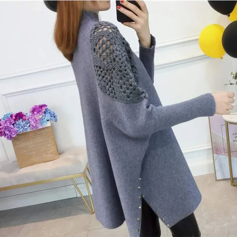 Autumn and winter loose bat pullover half high neck knitted sweater women\'s new shawl cape nail bead hook flower coat