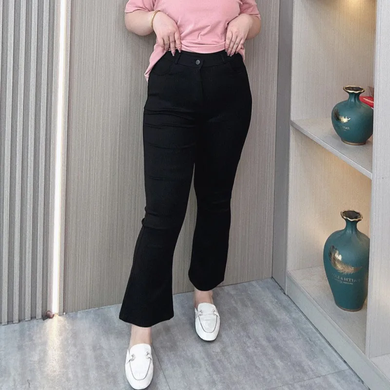 2024 Summer New Micro Flare Pants Women's Plus Size High Waist Stretch Thin Black Casual Ankle-Length Bottoms