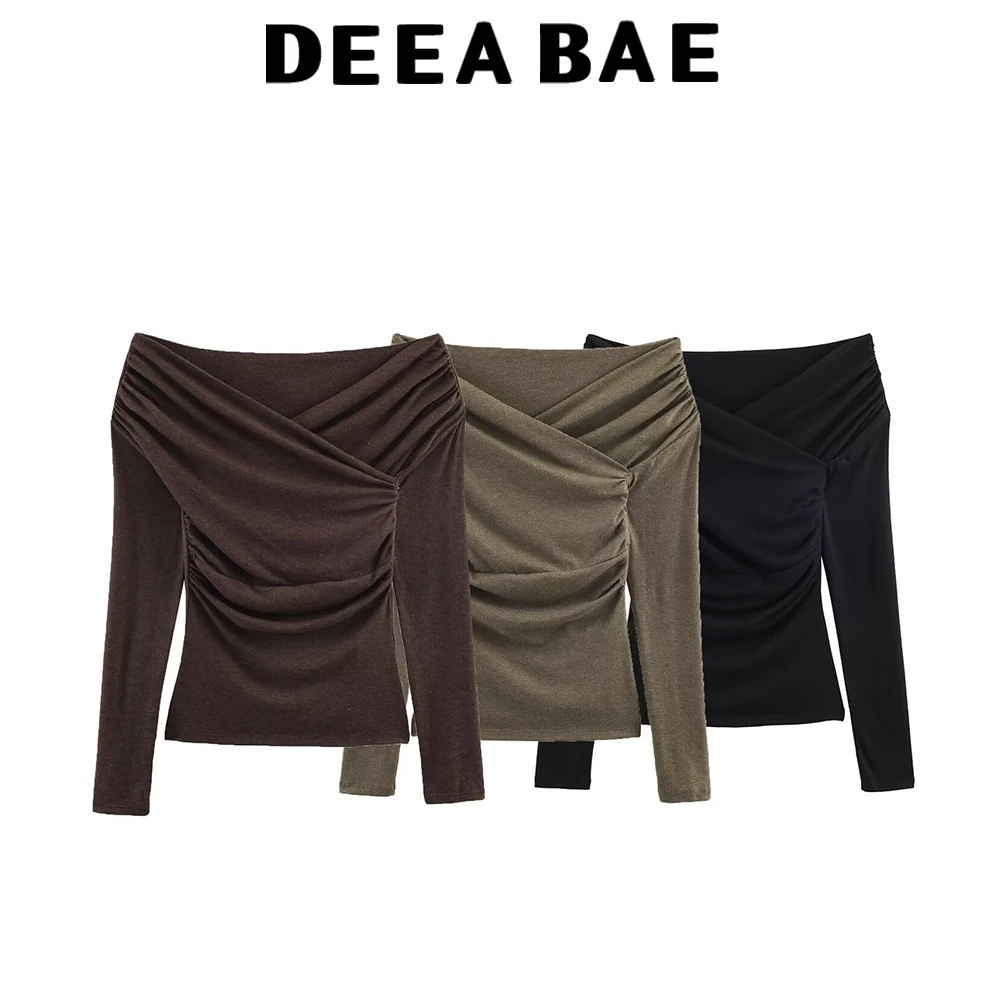 DEEABAE Europäisches und amerikanisches Winter-Neuprodukt für Damen, Slim-Fit-Version, langärmeliges, plissiertes Doppelkragen-T-Shirt
