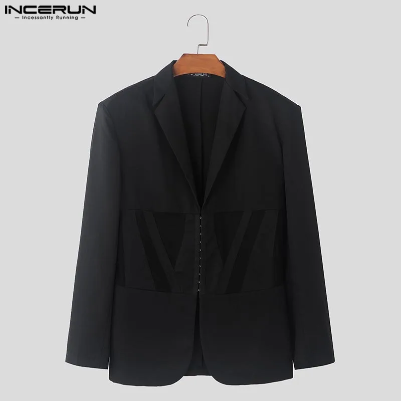 INCERUN 2024 Handsome Men\'s Clothing Stylish Patchwork Mesh Waistband Suit Coat Sexy Male Solid Color Long Sleeved Blazer S-5XL