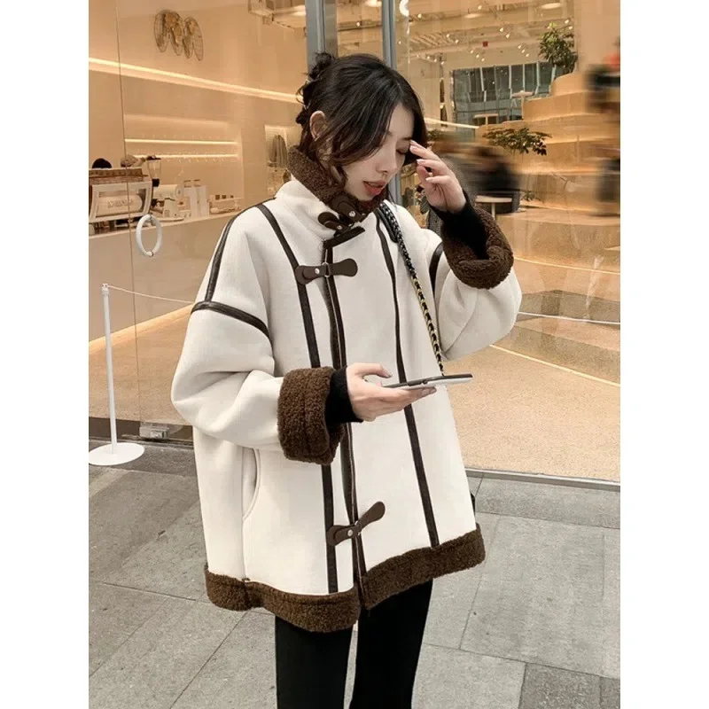 Suede Lamb Wool Stand Collar Coat Women's Autumn Winter Korean Version Loose Fur One-Piece Jacket Top Thickened Motorcycle Suit