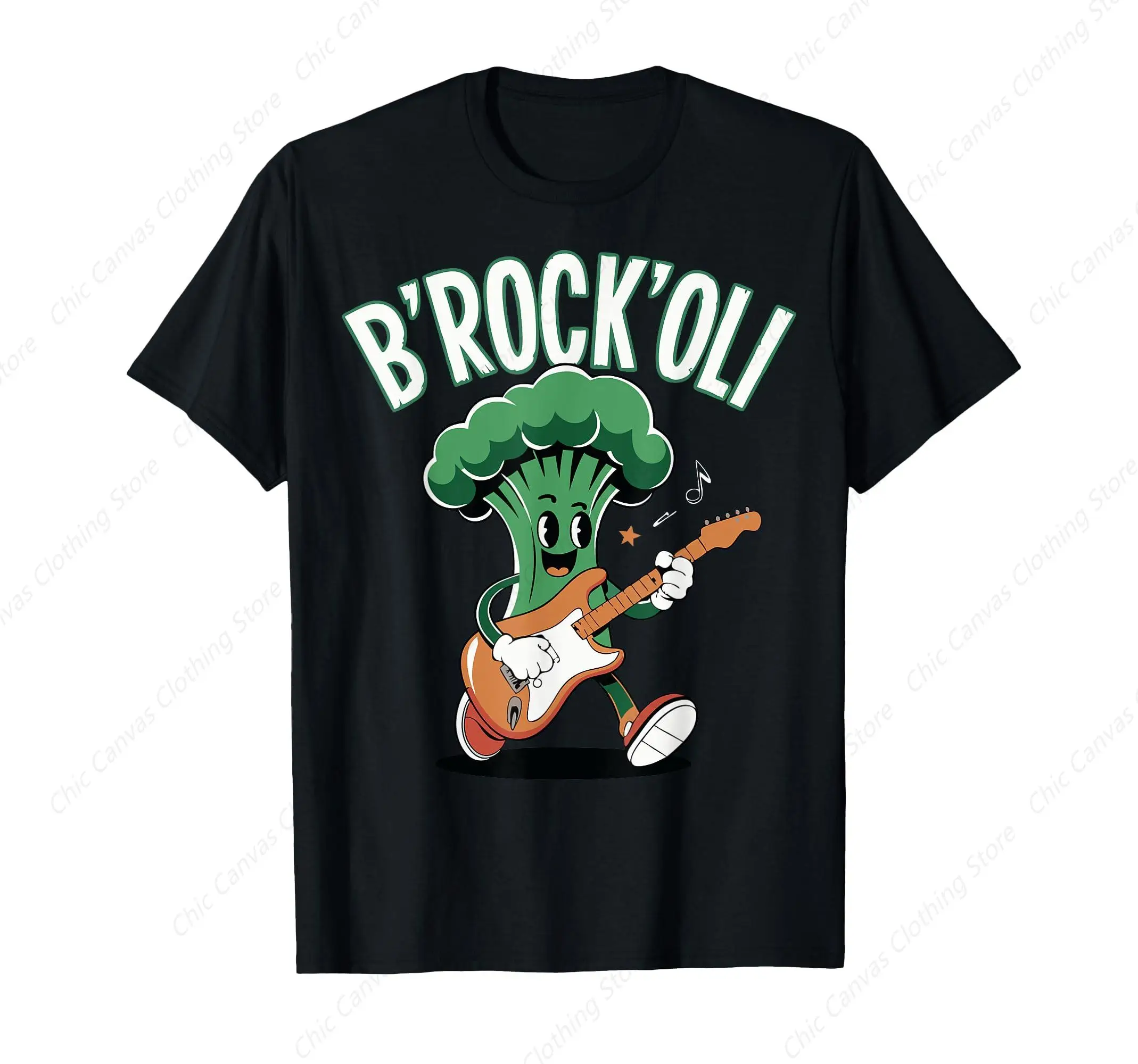 

Broccoli Fun Music Printed Cotton Casual Men's and Women's Short Sleeves Black Round Neck Short Sleeves