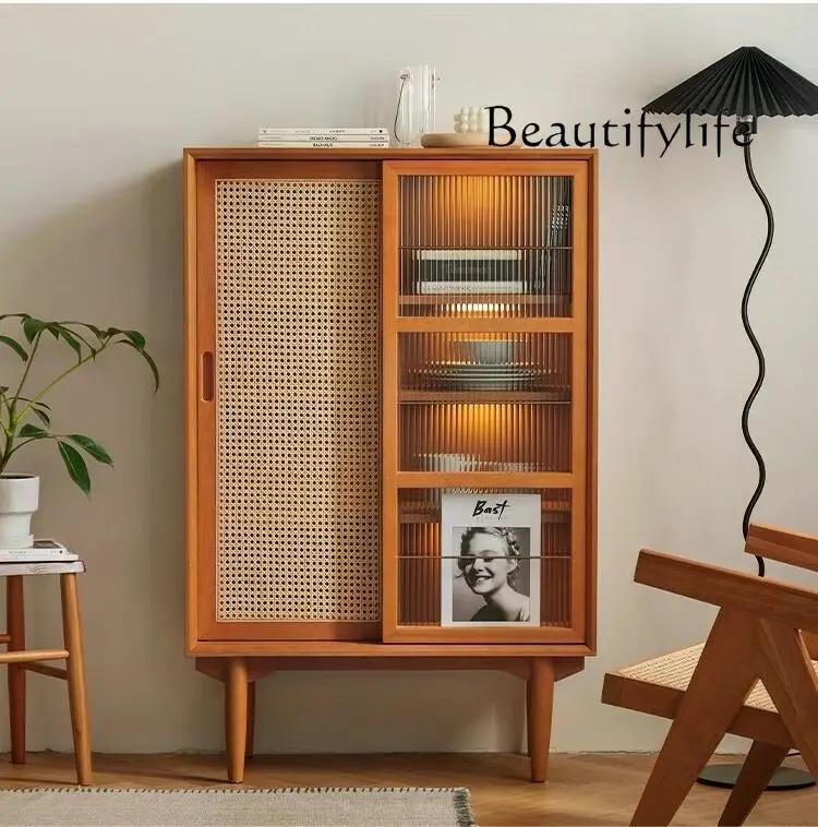 Japanese-style solid wood rattan with door glass cabinet magazine cabinet furniture bookshelf living room locker