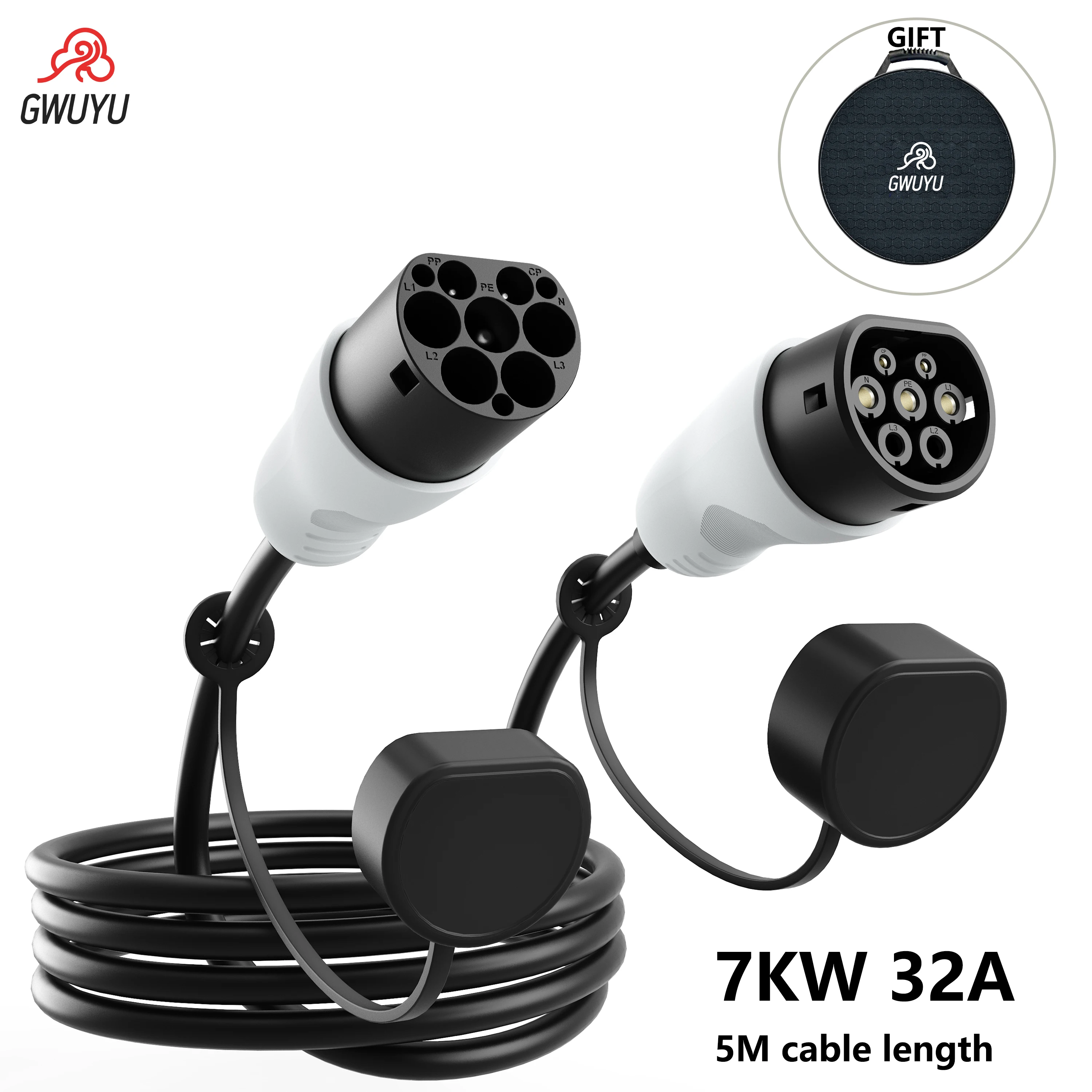 

GWUYU EV Charging Extension Cable 5m Type 2 to Type 2 IEC62196 16A/32A 7KW/11KW/22KW EVSE Charger Cord for Electric Vehicle