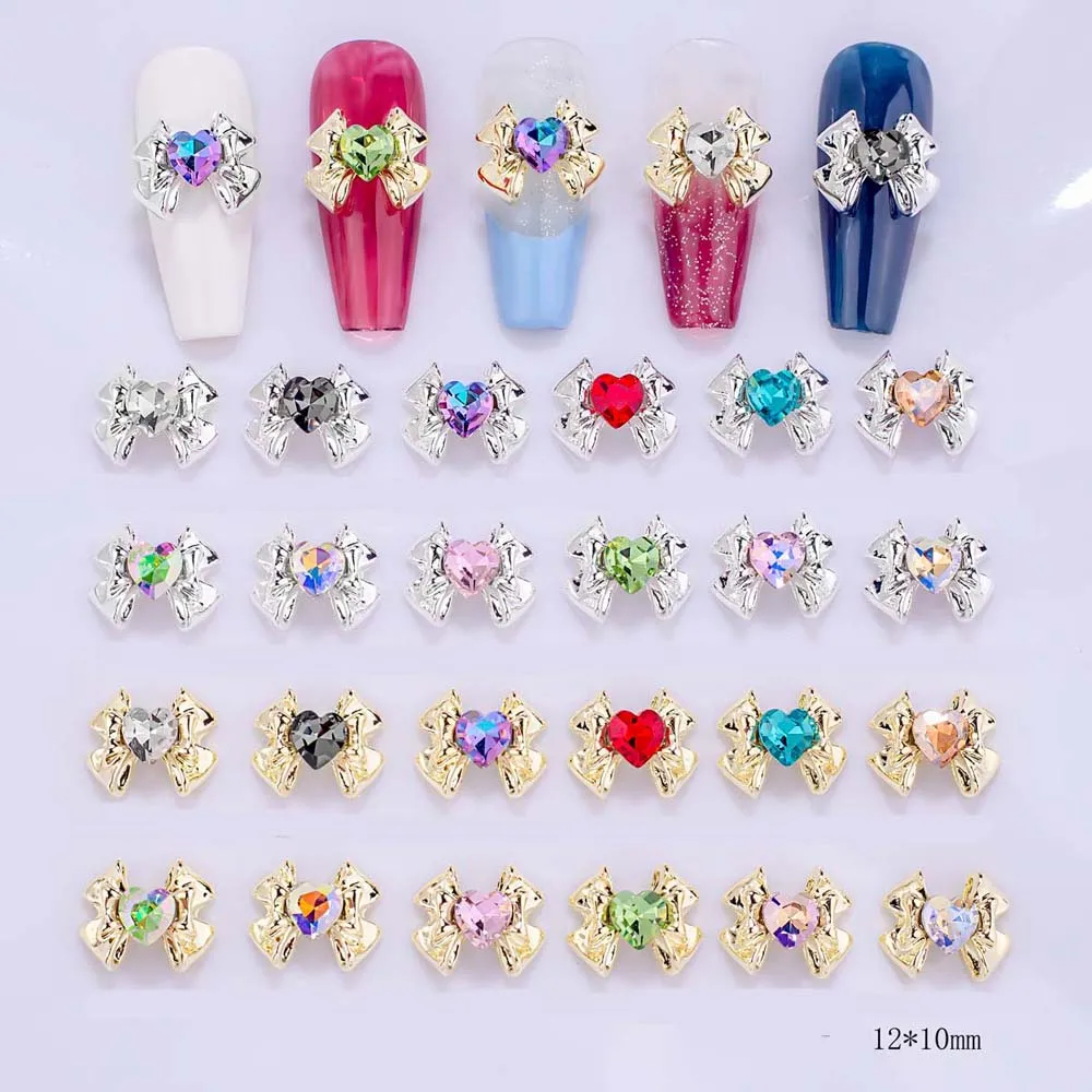 10Pcs Ribbon Alloy Bowknot Nail Art Charms 3D Shiny Alloy Heart Crystal Rhinestone Bow Nail Decoration Sweet DIY Nail Accessorie