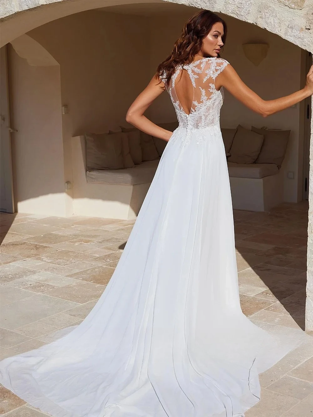 Beach Wedding Dress Bridal Gown Customized Cap Sleeve V Neck Lace Applique Split A Line Chiffon Lady Bride Dresses