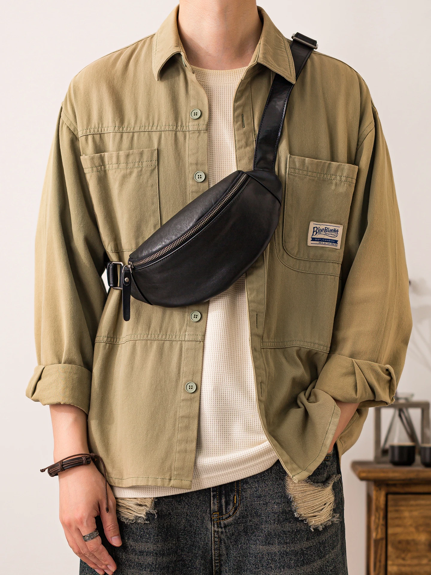 designer handmade genuine leather men black small chest bag outdoor daily sports real cow leather motorcycle crossbody bag