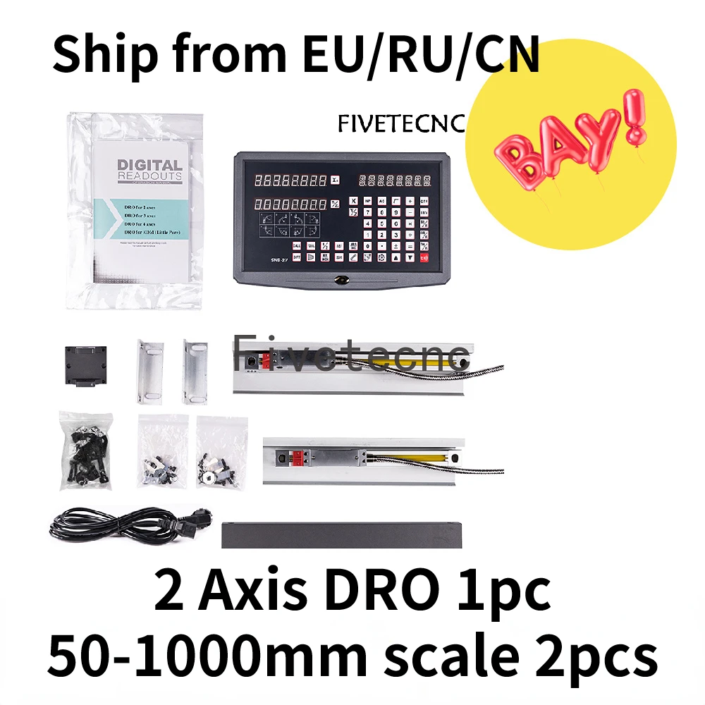 Lathe DRO 2 Axis Digital Readout Display with 2pcs 50-1000mm 5um Linear Glass Scale Encoder Measuring Ruler Milling Machines