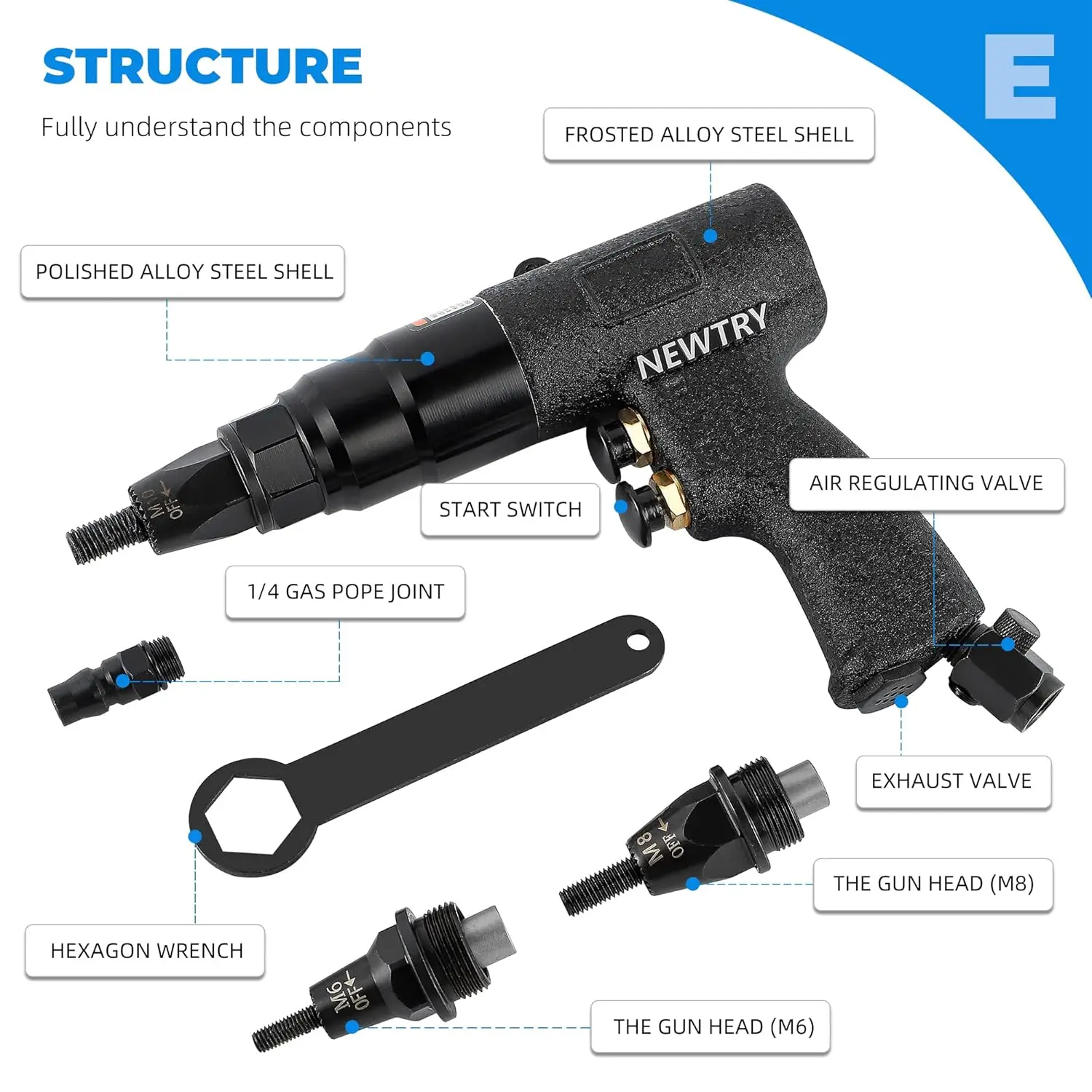 Air Rivet Nut Gun นิวเมติก Riveter Riveting ชุดเครื่องมือ Self-locking Head สําหรับ 13/64,1/4,5/16 Nut (6068 ปืน M5,M6,M8)