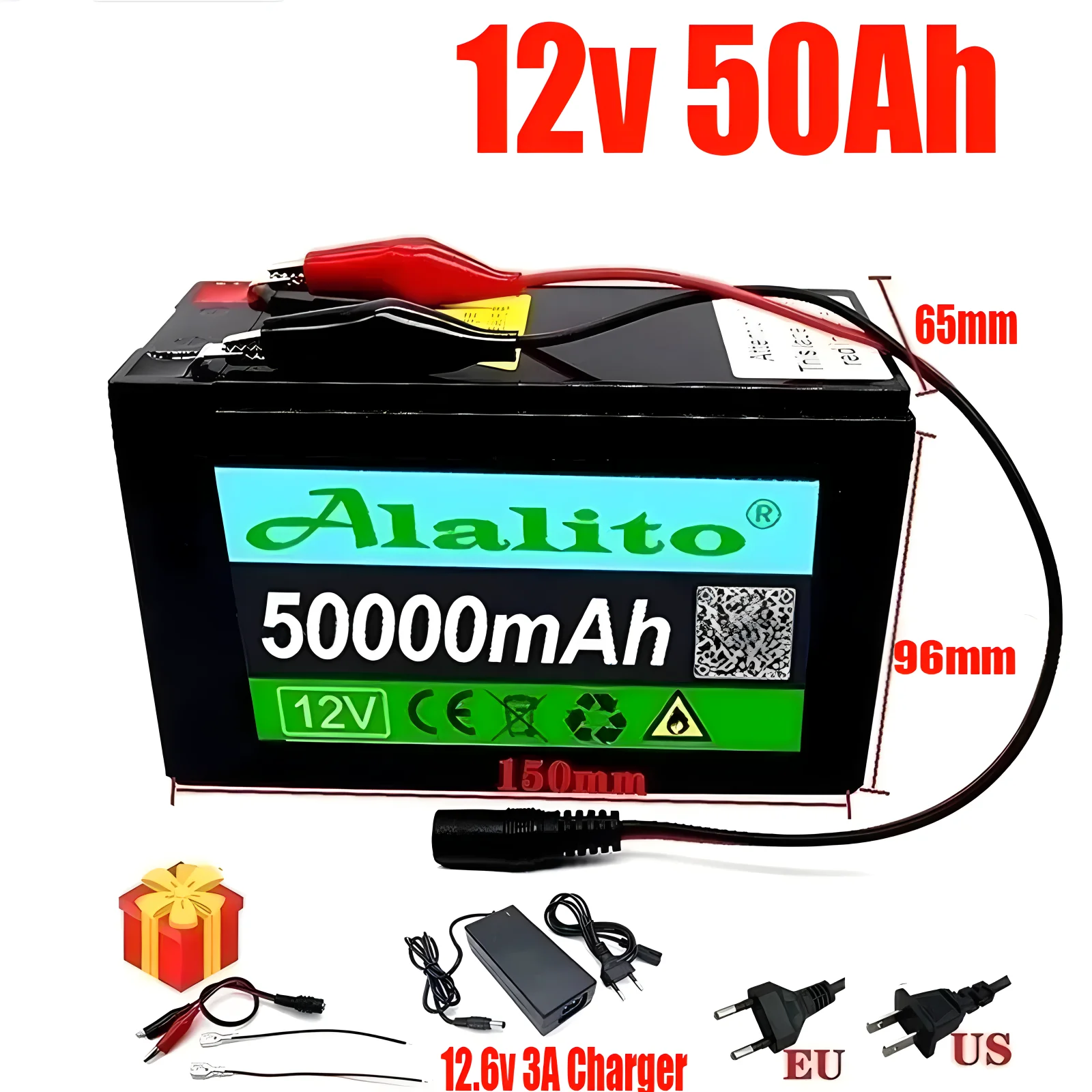 

12V 50Ah 18650 lithium battery for Solar Panels 30A built-in high current BMS electric vehicle battery +12.6V charger