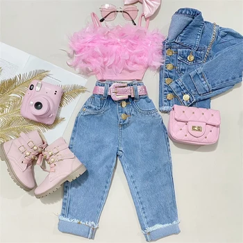 Girls Feather Denim Outfit Set 1