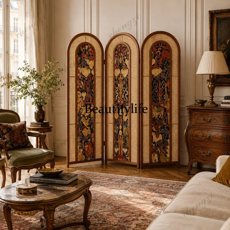 H134 solid wood rattan screen partition living room entrance folding cover sofa background wall