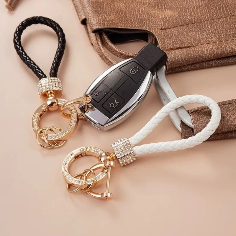 Handcrafted Braided Rope Car Keychain Sparkling Rhinestones Stylish Monochrome Car Key Ring Fashion Bag Accessories