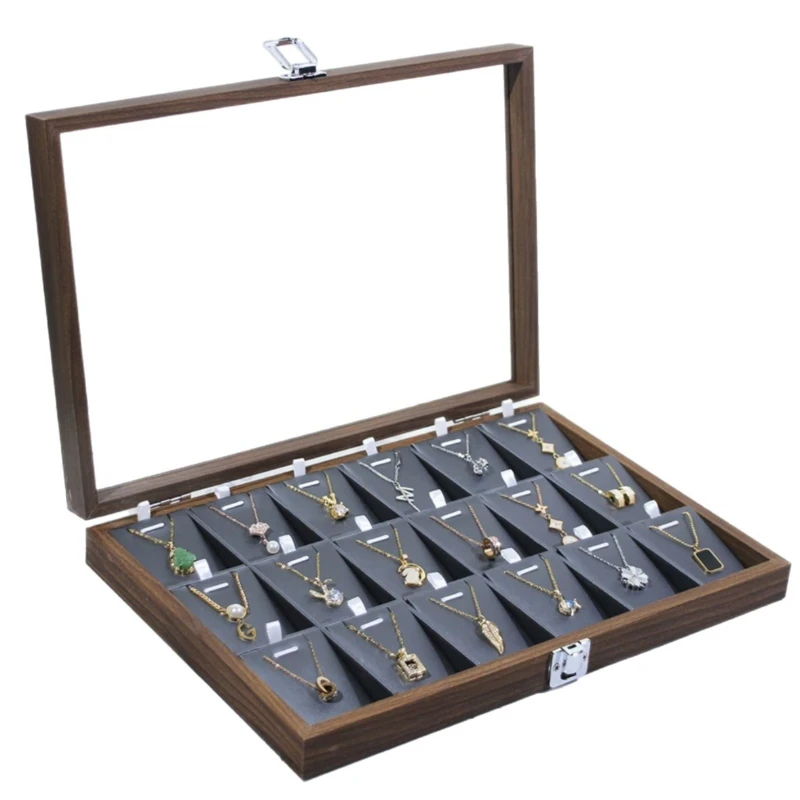 Large Capacity 18 Grids Necklace Display Jewelry Storage Case with Window Wooden Pattern Papercard Strong Jewel Organizer Box