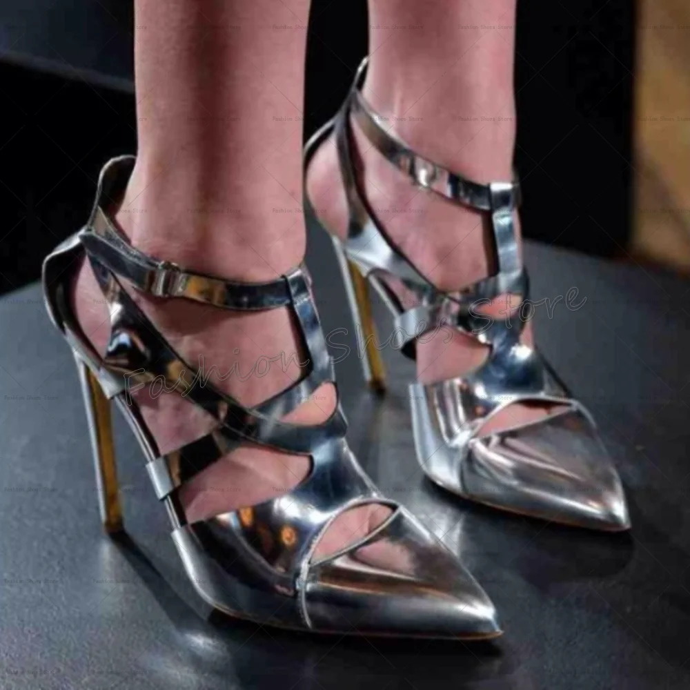 Silver Cross Strap Hollow Out Sandals Pointed Toe Women Shoes Stilettos High Heels Party Banquet Dating 2025 Zapatos Para Mujere