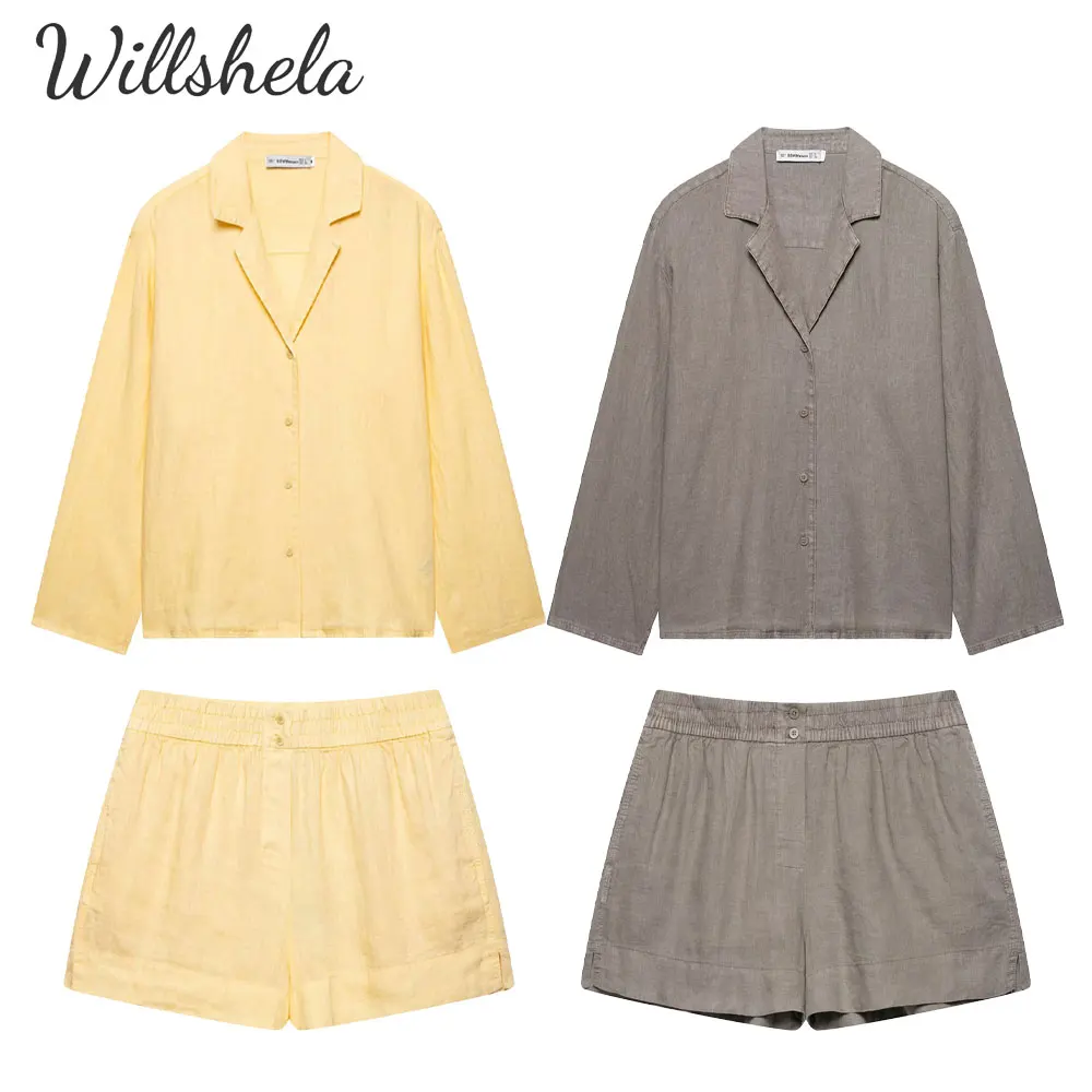 

Willshela Women Fashion 2 Pieces Sets Solid Linen Long Sleeves Shirt and Shorts Female Chic Lady Casual Mujer Shorts Coordinates