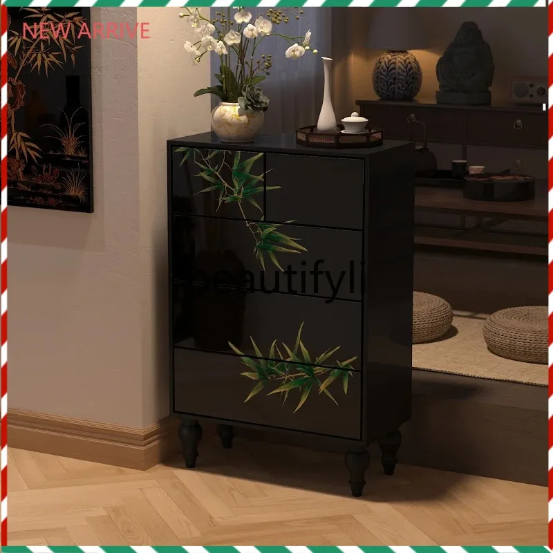 

D2520 New Chinese-style large lacquer entrance cabinet, hand-painted lacquer, solid wood bucket cabinet, living room bedroom