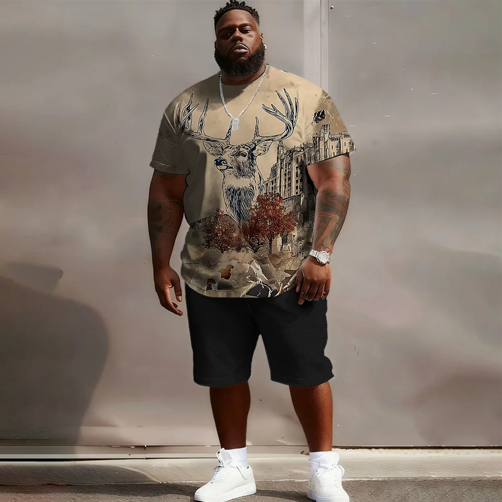 

S-9xl plus size Men's Short Sleeve Set: Christmas Reindeer Vibe - 2-Piece Casual-Chic, Soft Fabric, Subtle Reindeer Prints,