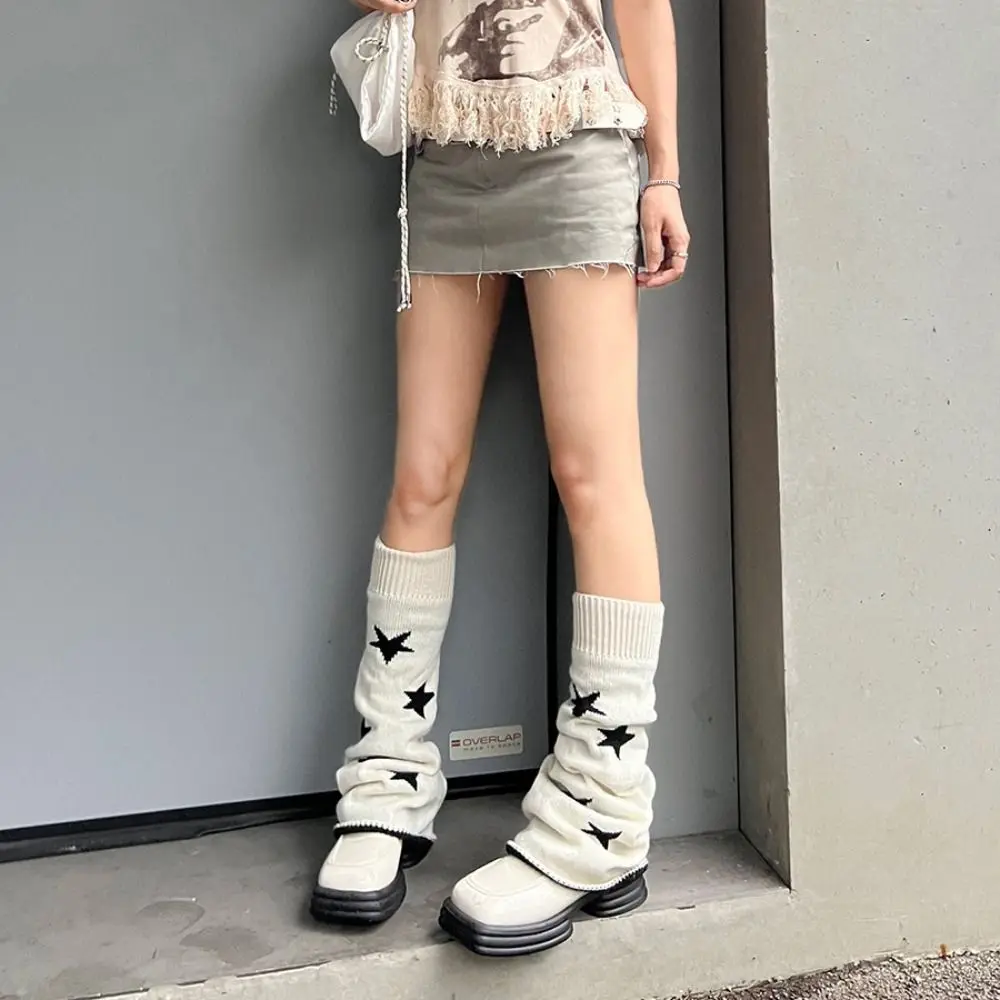 Asymmetric Knit Leg Warmers Lolita Style Double-sided Wide Leg Warmers Five-Point Star Pattern Stacked Fit
