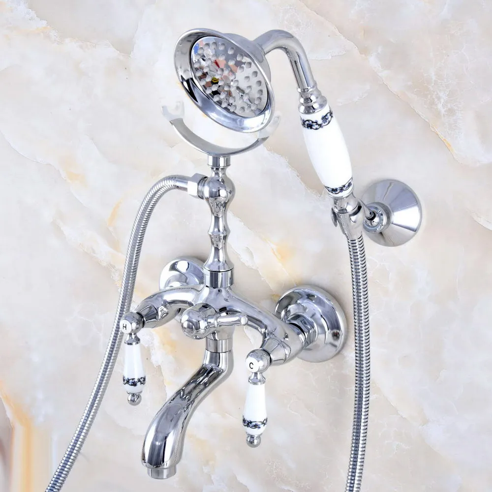 

Silver Polished Chrome Brass Wall Mounted Bathroom Bath Tub Faucet Set with 1500MM Hand Held Shower Spray Mixer Tap 2na753