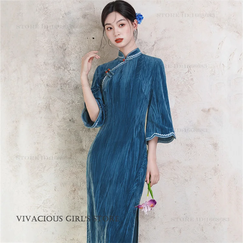 

Китайское традиционное длинное платье Cheongsam, элегантное бархатное платье Hanfu с длинными рукавами Qipao, винтажный классический национальный костюм, китайское платье