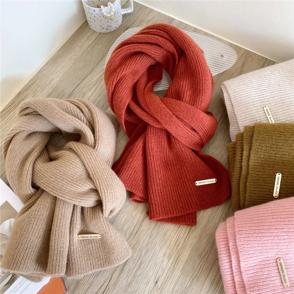 30*160cm Solid Scarf Women's Winter Versatile Knitted Long Thick Warm  Scarves Cashmere Pashmina Shawl Lady Wrap Muffler