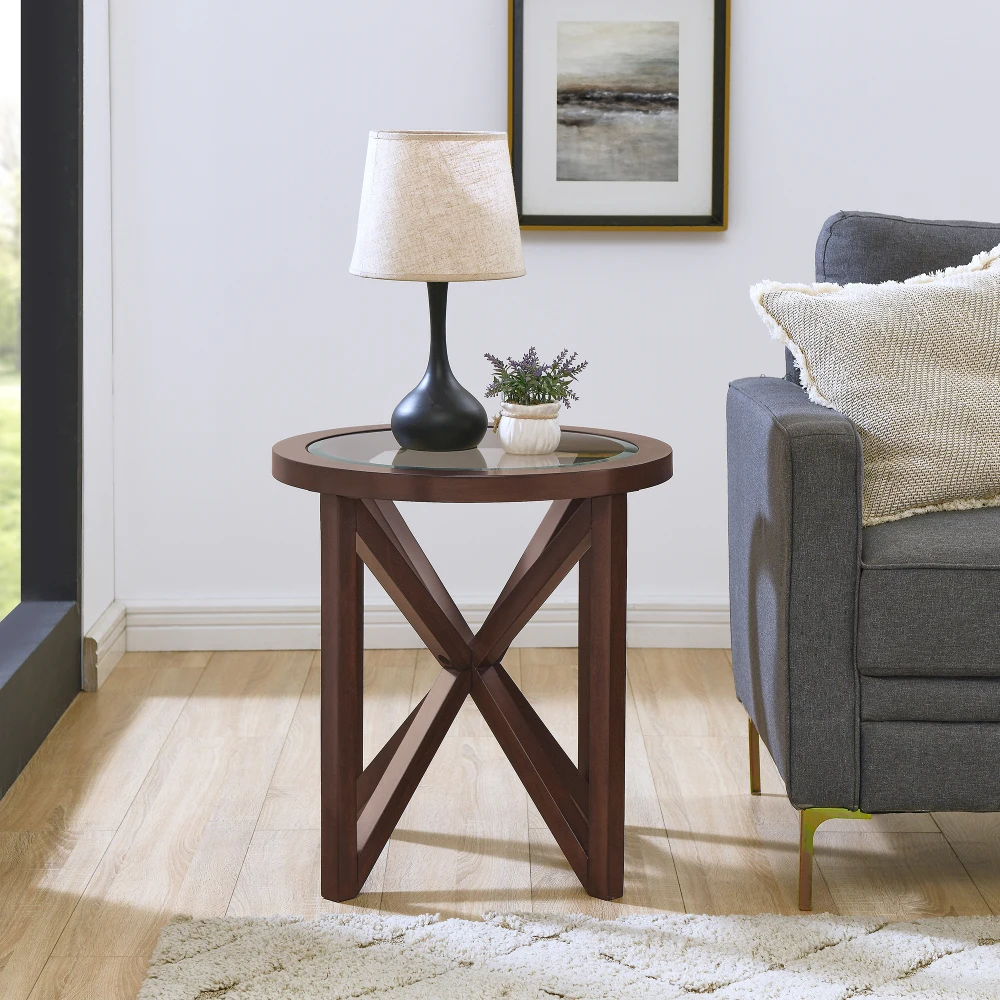 Table basse en verre du Guatemala avec base en bois massif, plateau de seau circulaire en verre transparent, salon et bureau, minimaliste et moderne